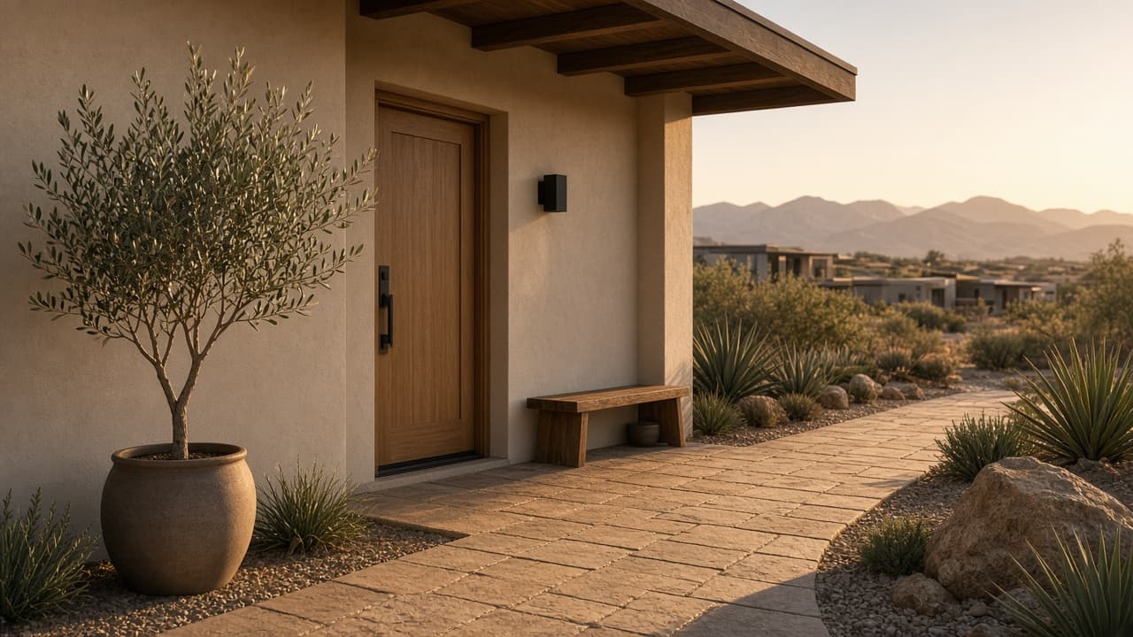 Illustration of a desert townhome entry, bench, and walk. Not a photograph of a specific Gearus Place home.