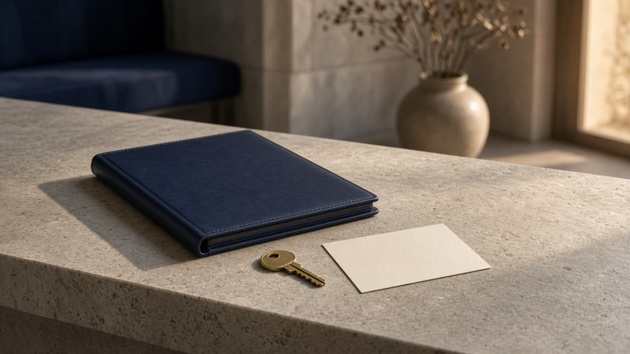 Navy folder, brass house key, and a blank card on a stone counter, illustrating pre-approval before a Union Village tour