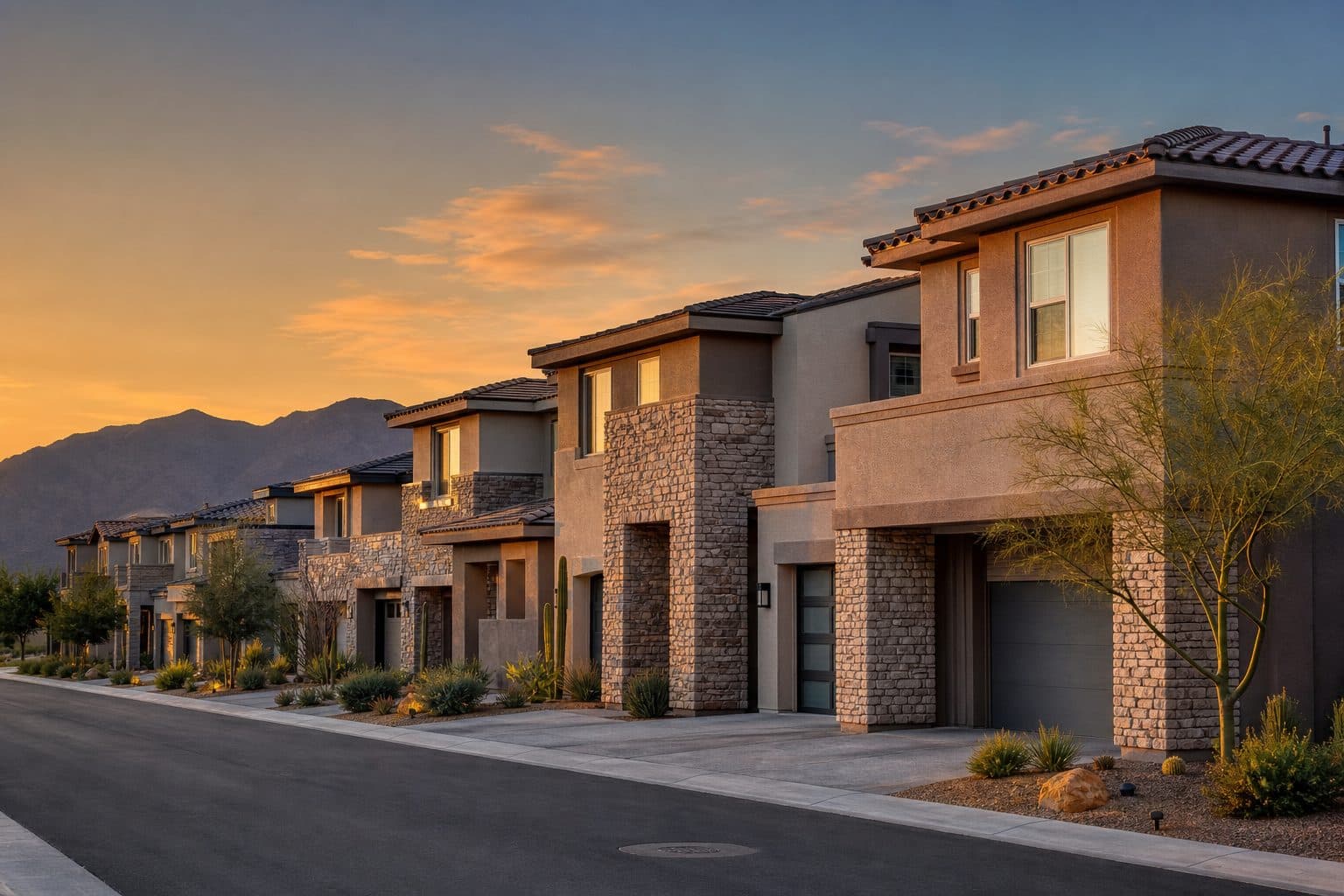 New two-story townhomes at dusk in Henderson, Nevada near Union Village