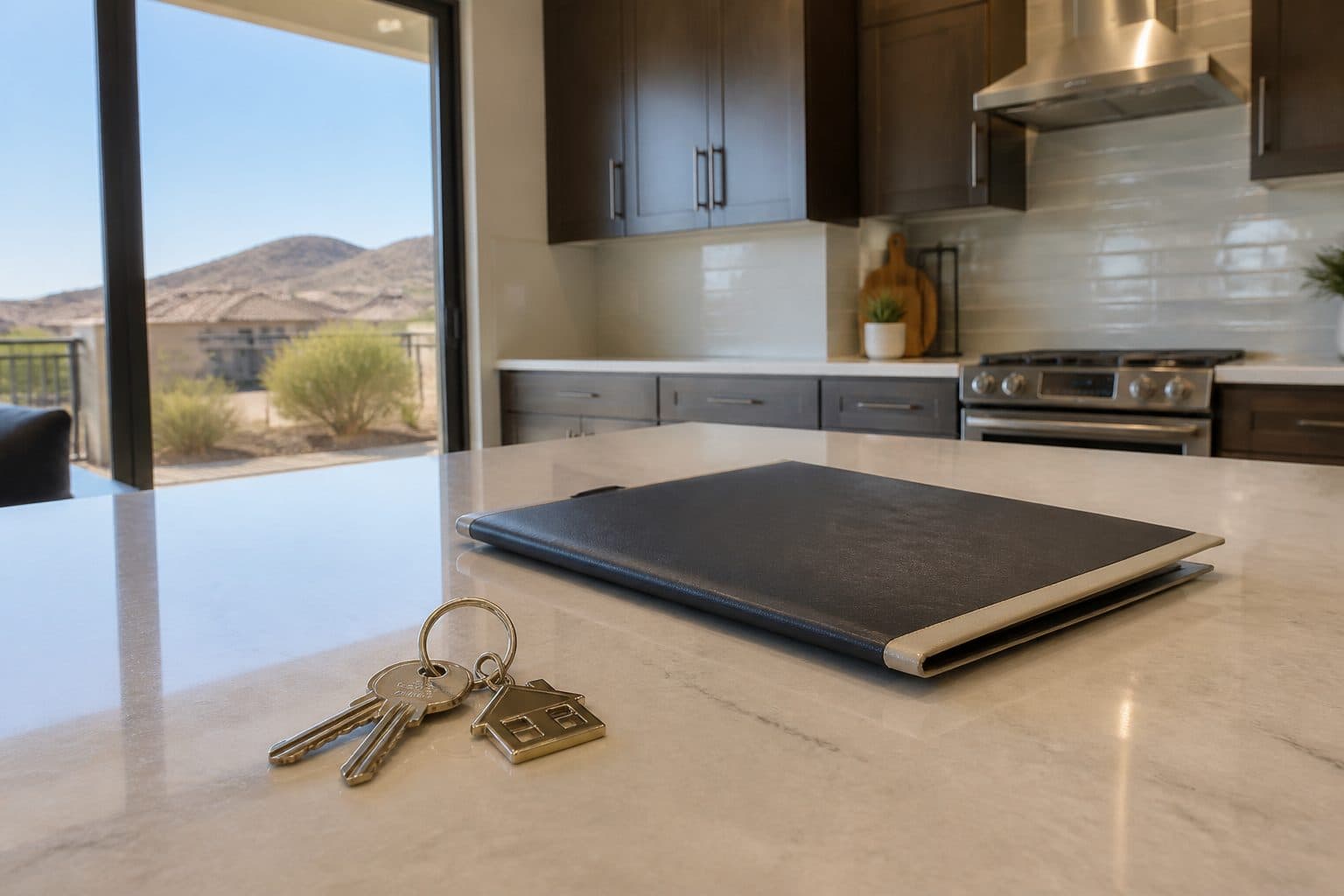 New home keys on a quartz kitchen island for Union Village buyers