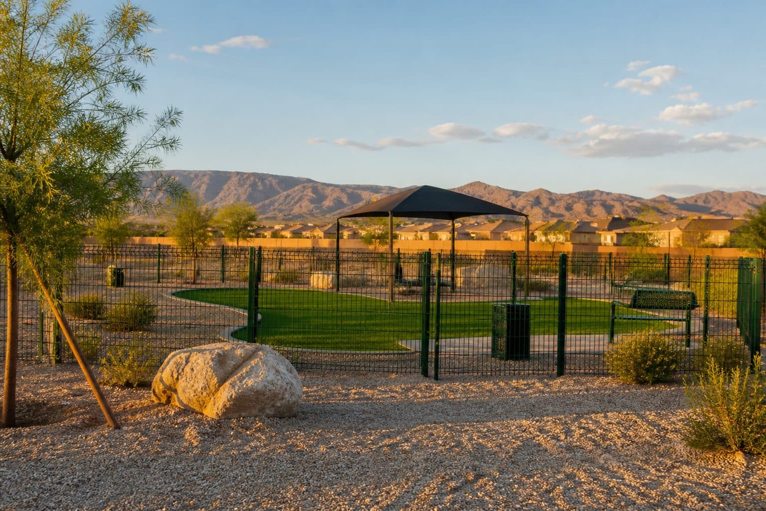 Community dog park with desert landscaping in Henderson, Nevada