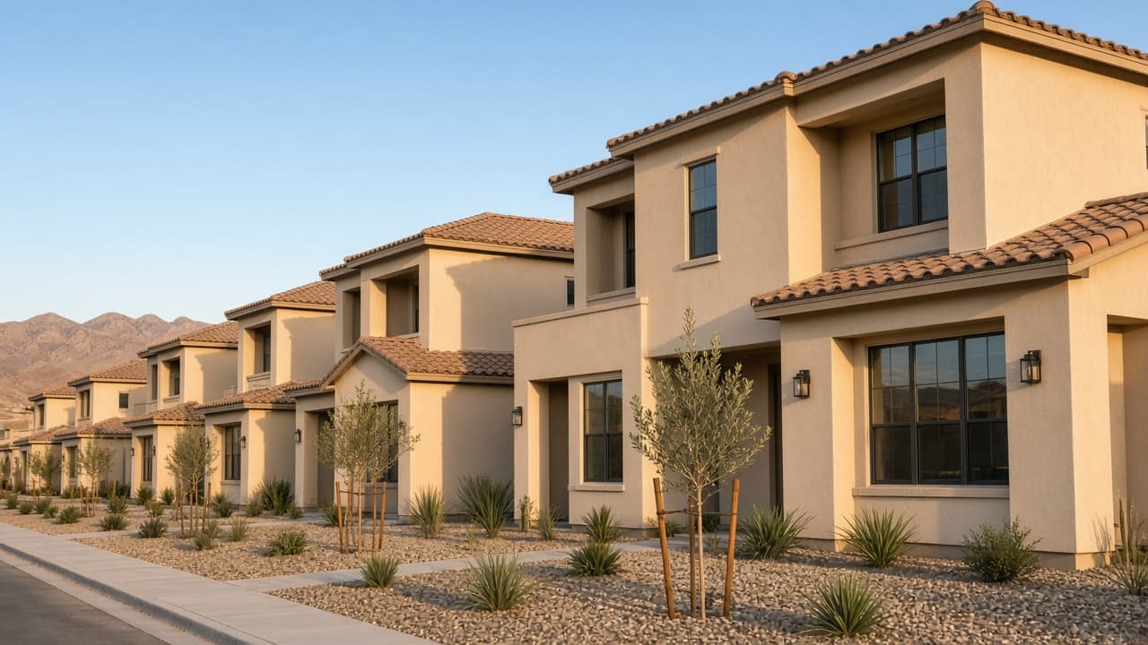 Illustration of a new desert townhome street at golden hour. Not a photograph of a specific Union Village homesite.