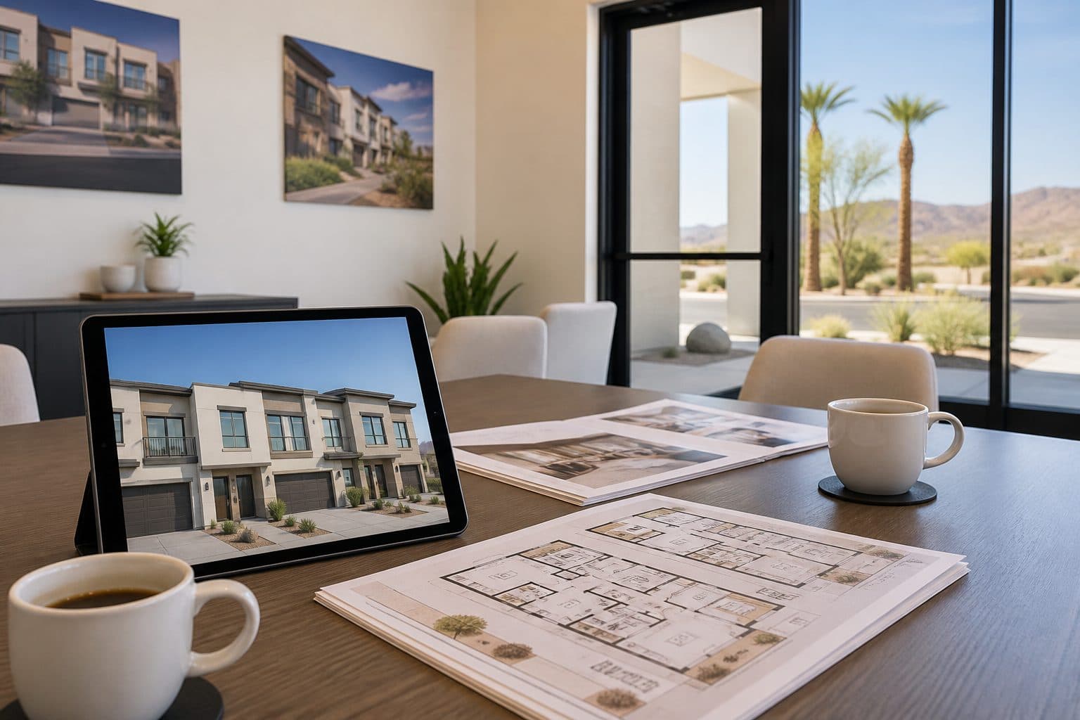 New construction tour table with floor plans in Henderson, Nevada