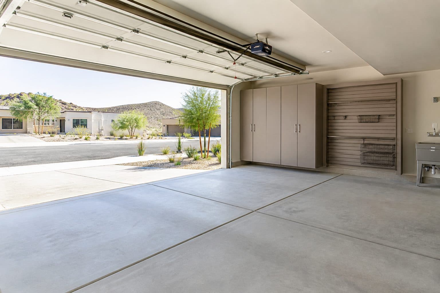 Two-car garage interior in a Townes at Union Village townhome