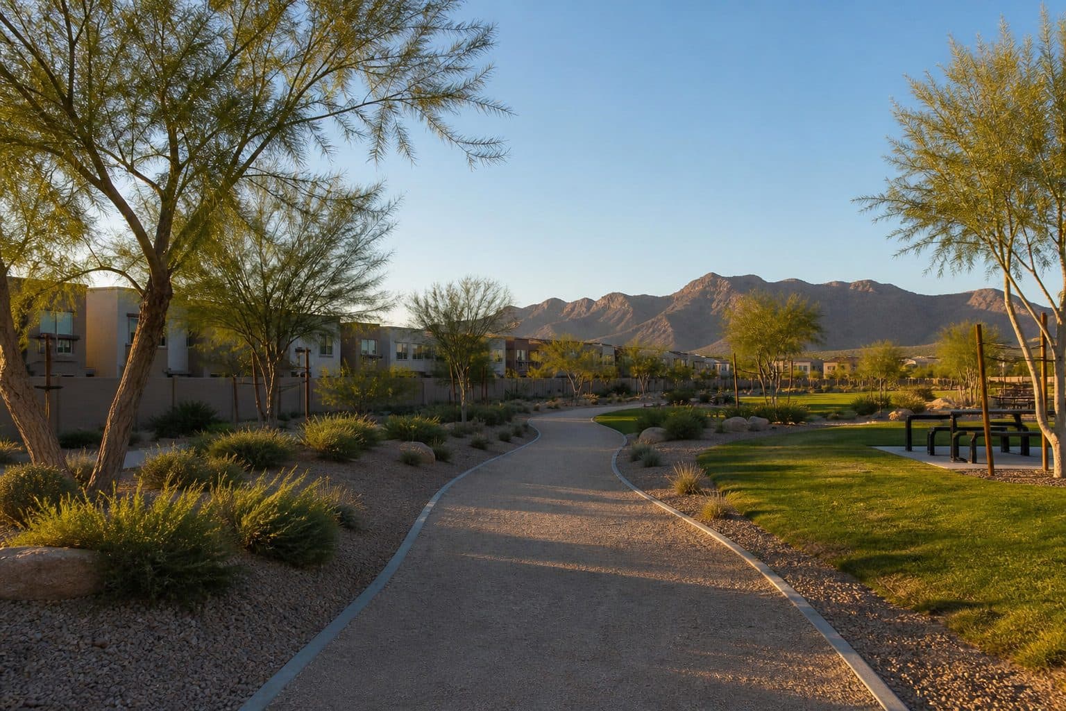 Walking trail through a Henderson, Nevada townhome community